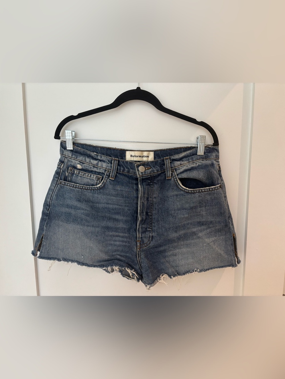 Reformation Distressed Blue Denim Cutoff Shorts